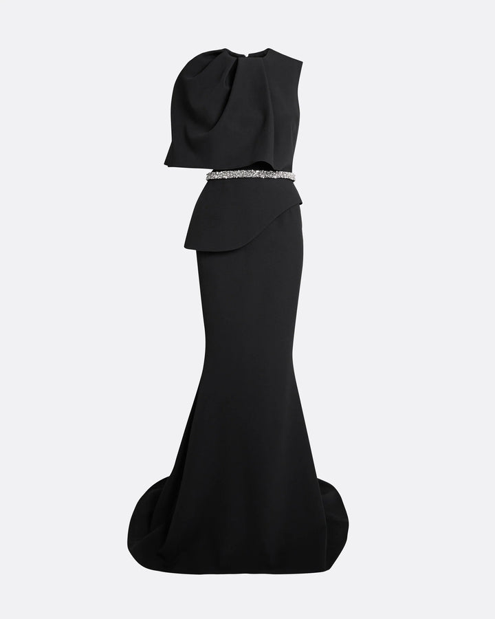 sleeveless trumpet gown with draped overlay and crystal waist – LUXE-1