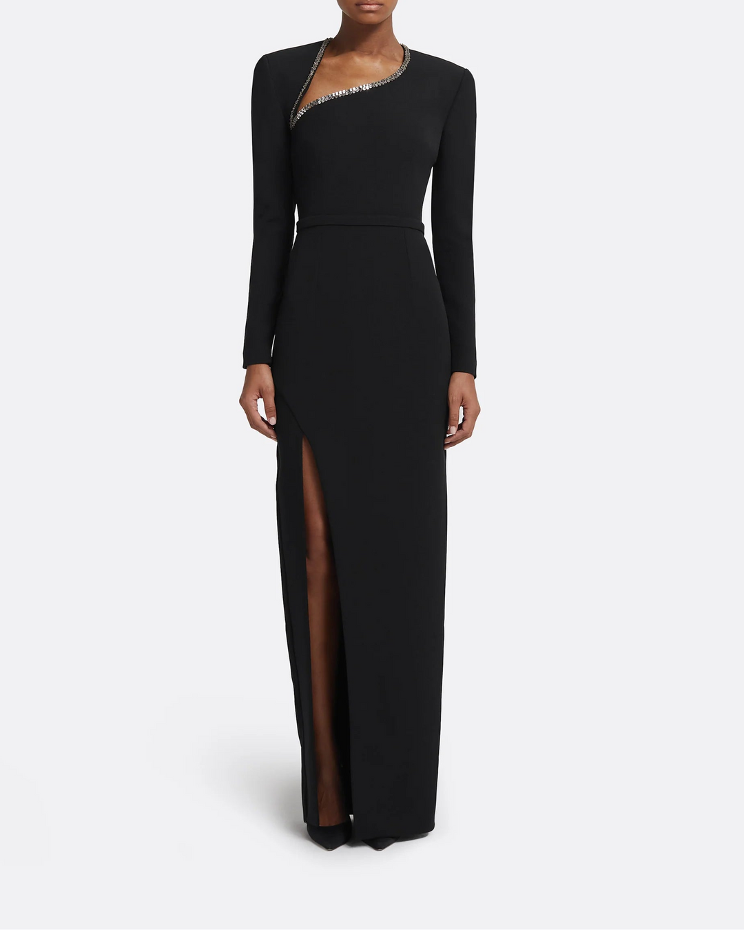asymmetric embellished-neck gown with high slit – FIORA