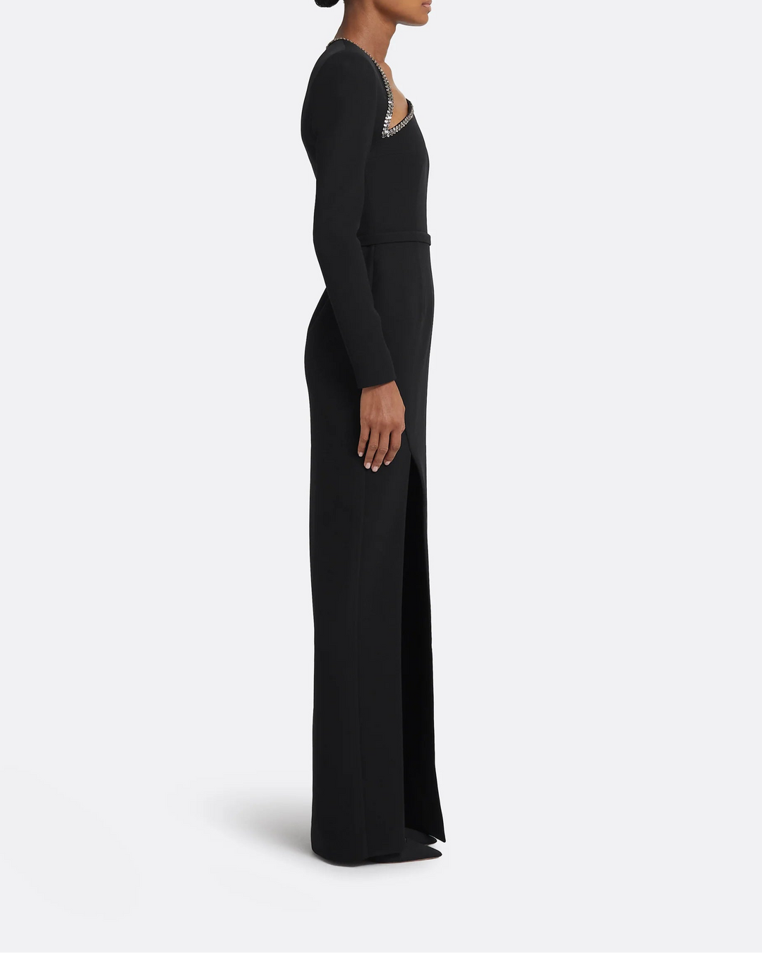 asymmetric embellished-neck gown with high slit – FIORA