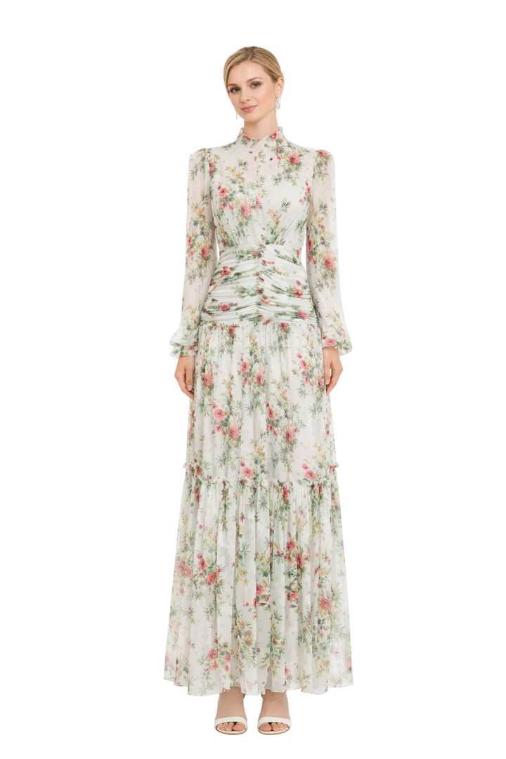 high neck floral chiffon maxi dress with ruched waist – ROSABELLE