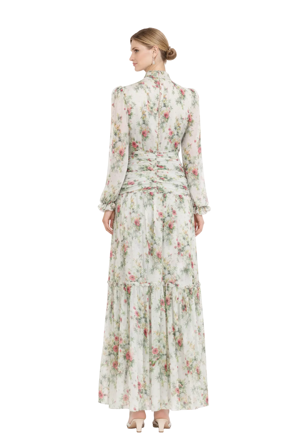 high neck floral chiffon maxi dress with ruched waist – ROSABELLE