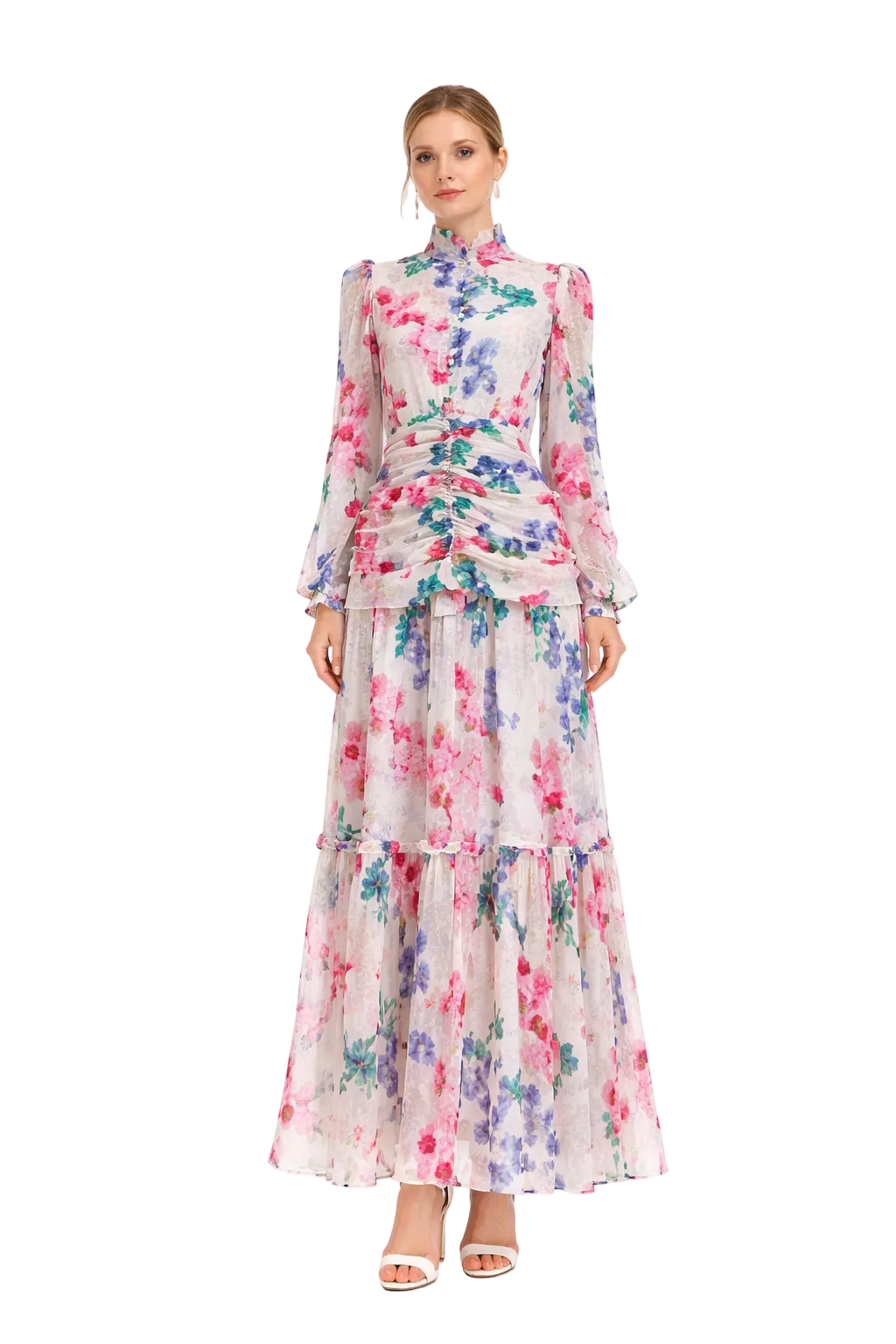 high neck floral chiffon maxi dress with ruched waist – ROSABELLE