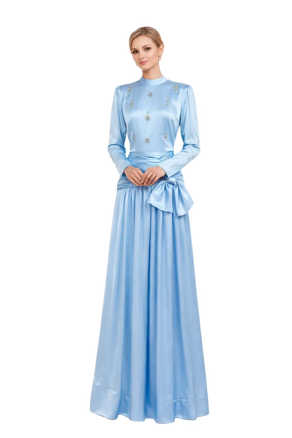 high neck satin maxi dress with embellished bodice and draped waist – AZURIL