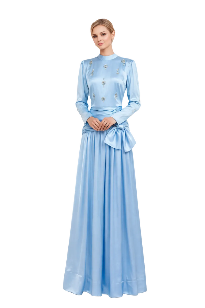 high neck satin maxi dress with embellished bodice and draped waist – AZURIL