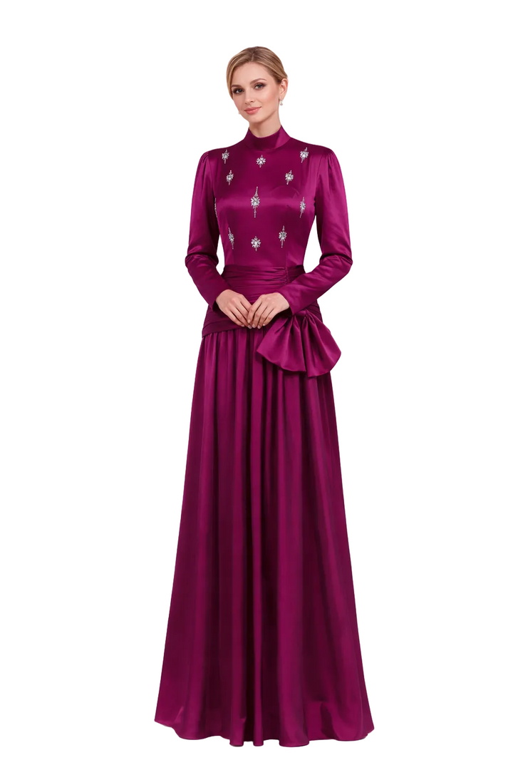 high neck satin maxi dress with embellished bodice and draped waist – AZURIL