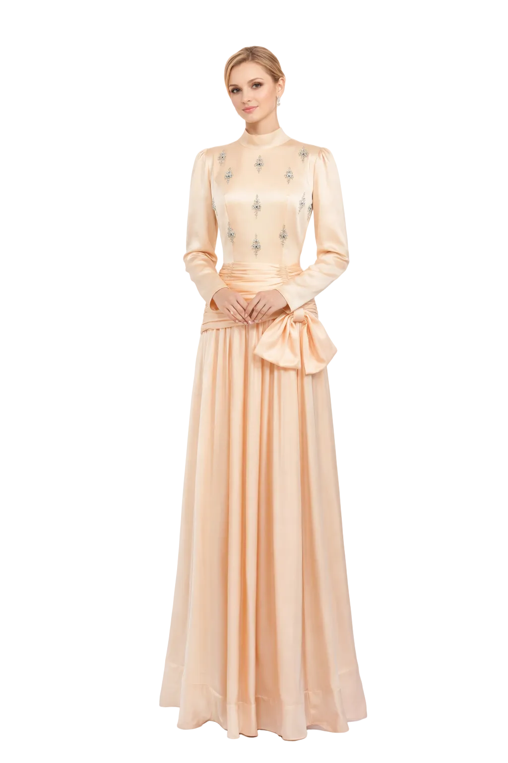 high neck satin maxi dress with embellished bodice and draped waist – AZURIL