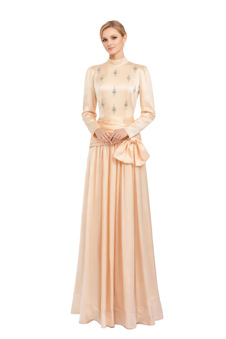 high neck satin maxi dress with embellished bodice and draped waist – AZURIL