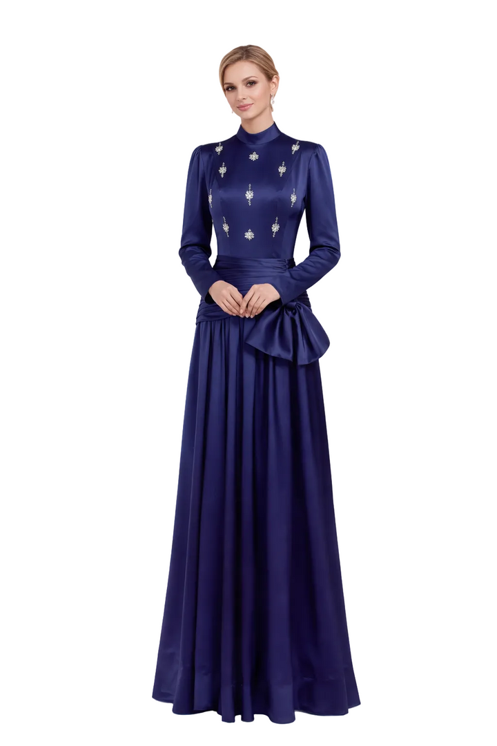 high neck satin maxi dress with embellished bodice and draped waist – AZURIL