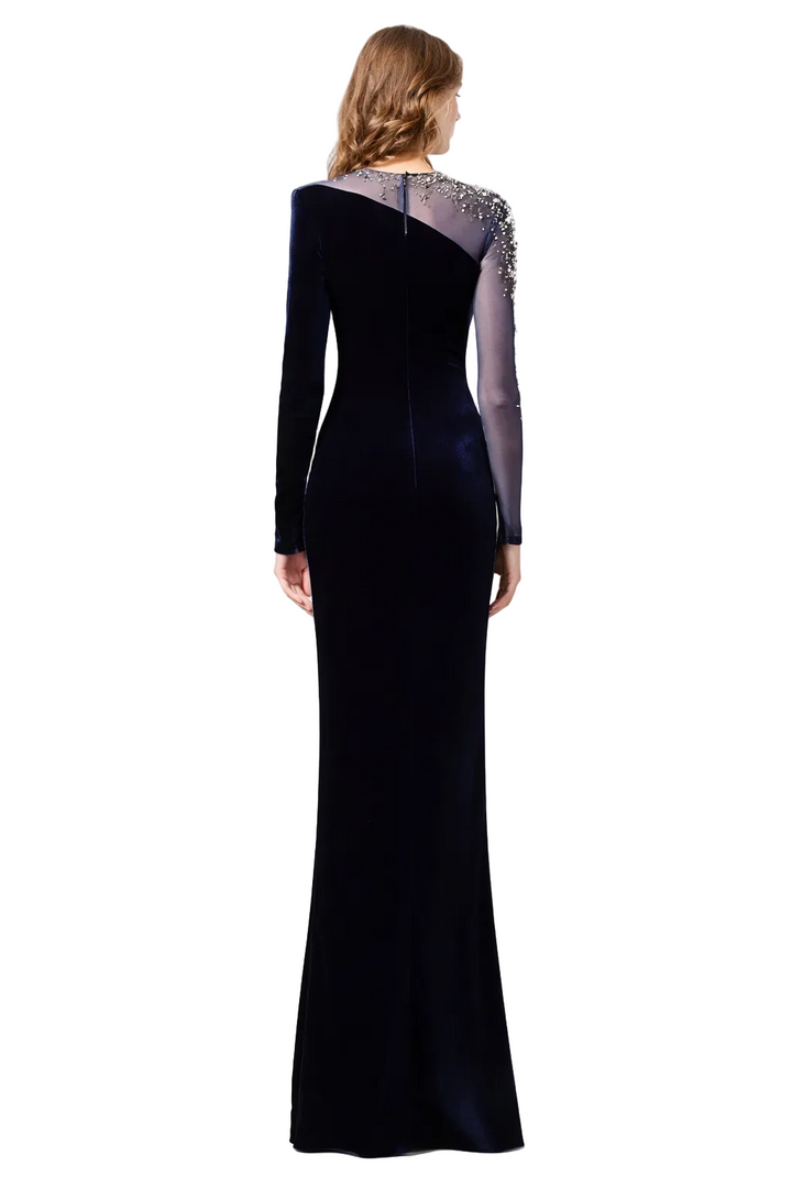 one shoulder velvet maxi dress with embellished sheer sleeve – MIDNIGHTA