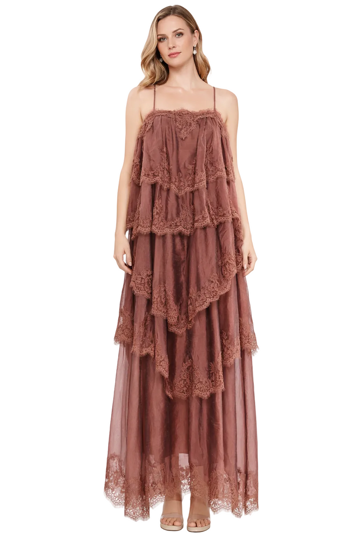 tiered lace chiffon maxi dress with layered ruffle detail – MOCHA