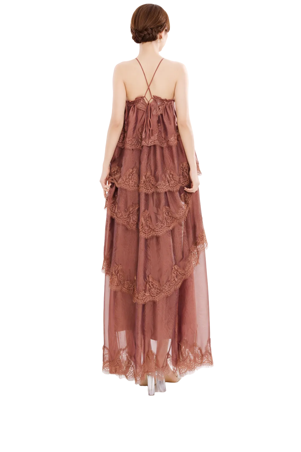 tiered lace chiffon maxi dress with layered ruffle detail – MOCHA