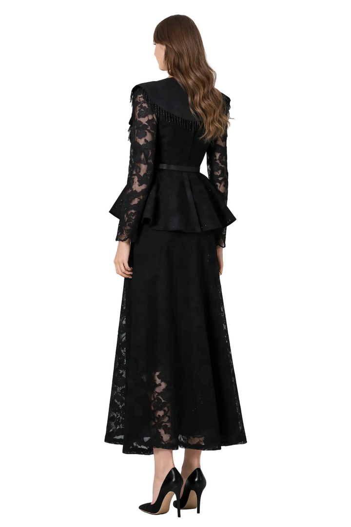 high-neck lace peplum maxi dress with embellished collar – MIDNIGHT