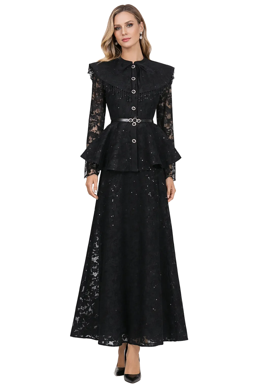 high-neck lace peplum maxi dress with embellished collar – MIDNIGHT