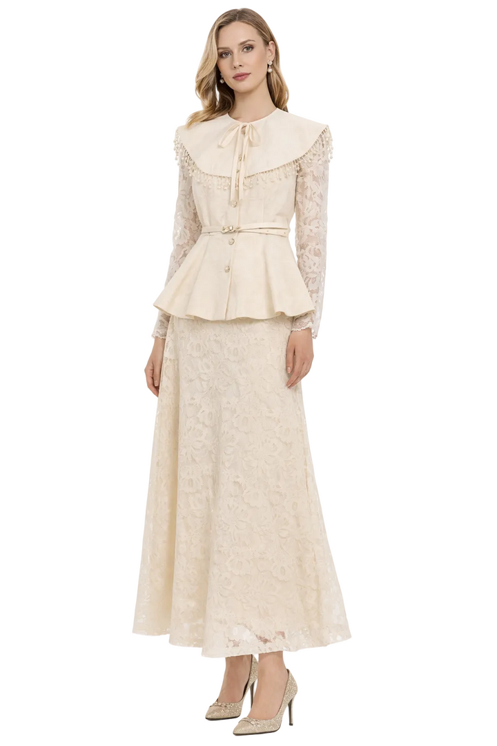 high-neck lace peplum maxi dress with embellished collar – MIDNIGHT