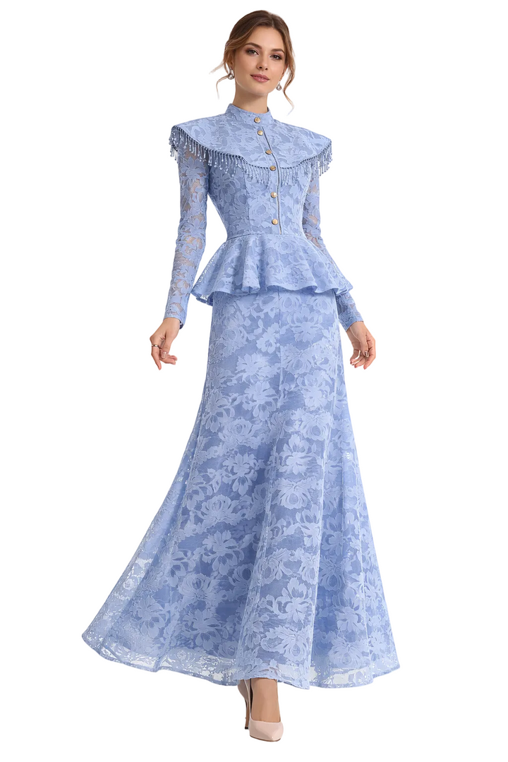 high-neck lace peplum maxi dress with embellished collar – MIDNIGHT