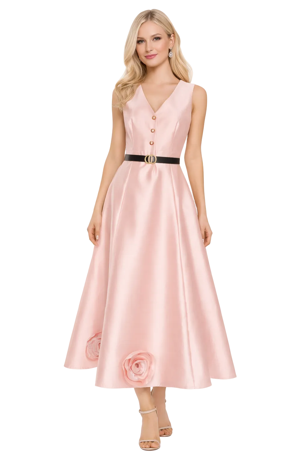 sleeveless V-neck midi dress with belted waist and rose appliqué – BLUSH