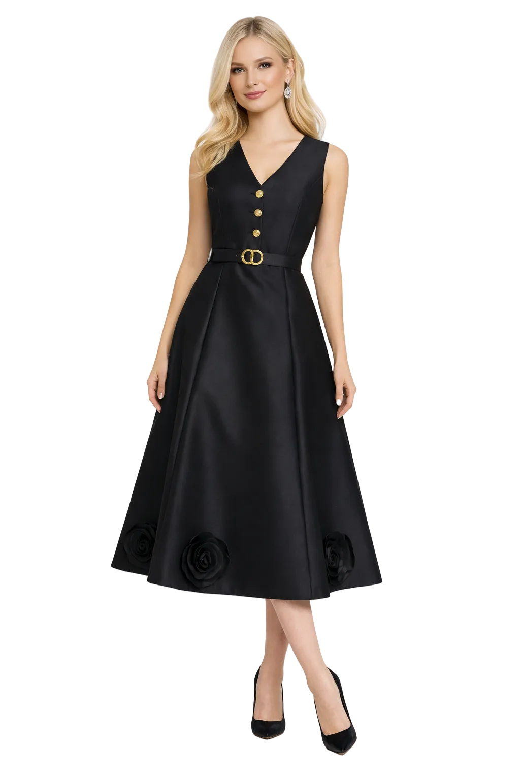 sleeveless V-neck midi dress with belted waist and rose appliqué – BLUSH