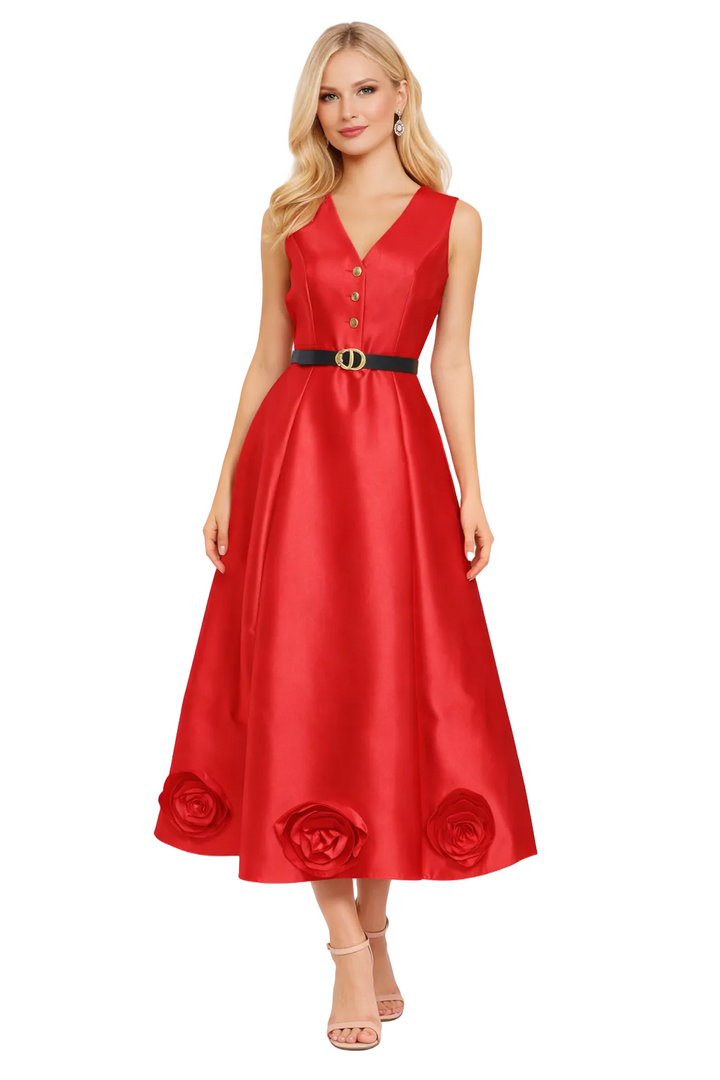 sleeveless V-neck midi dress with belted waist and rose appliqué – BLUSH