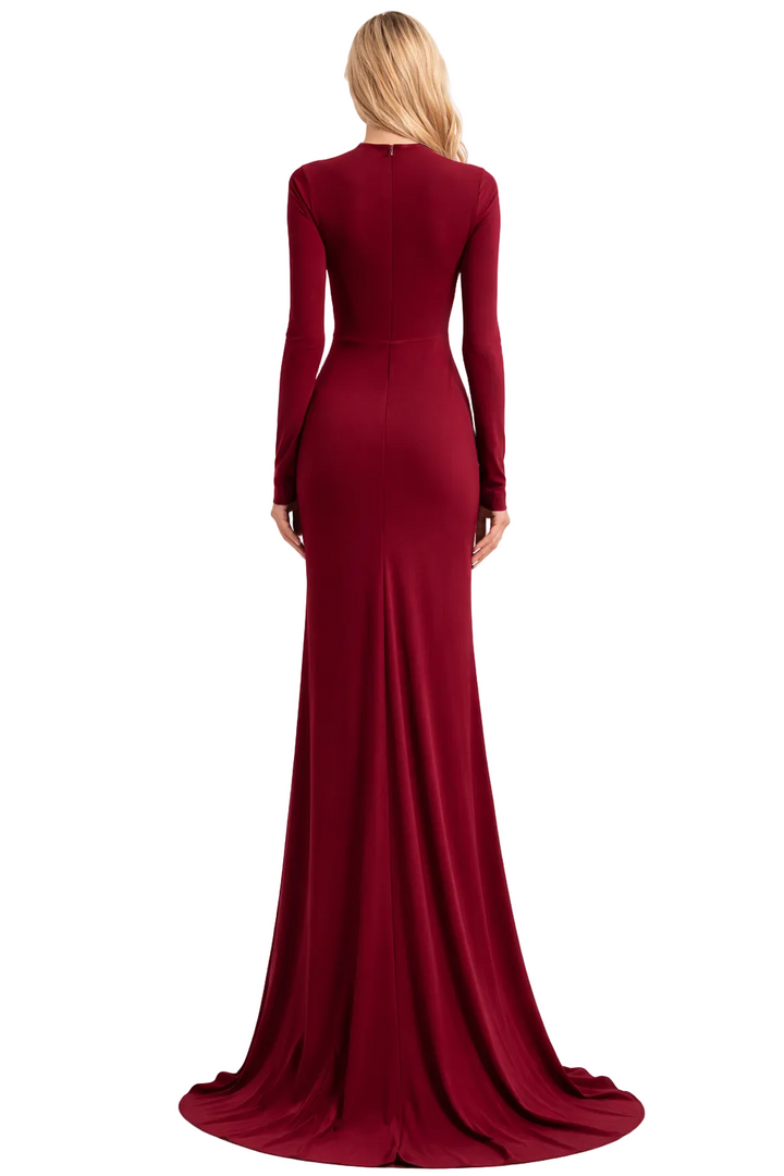 long sleeve ruched waist gown with crystal brooch – EMPRESS
