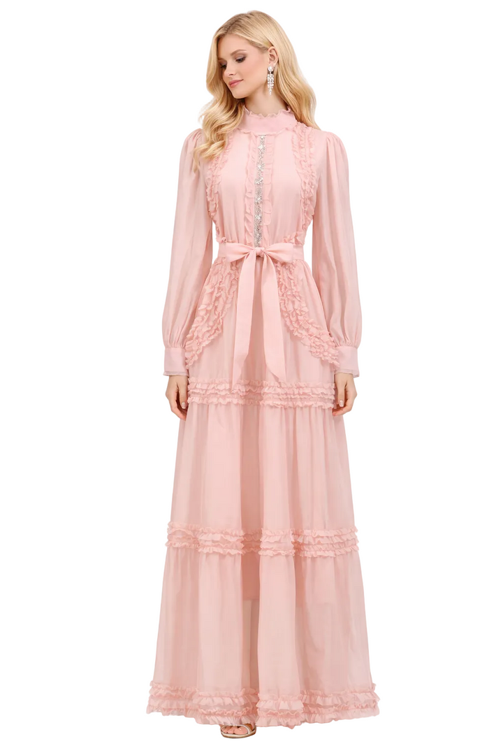 high-neck ruffled maxi dress with lace panel detailing – ROMAN