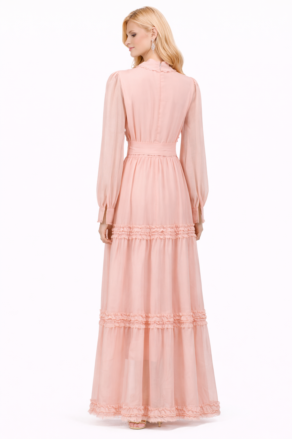 high-neck ruffled maxi dress with lace panel detailing – ROMAN