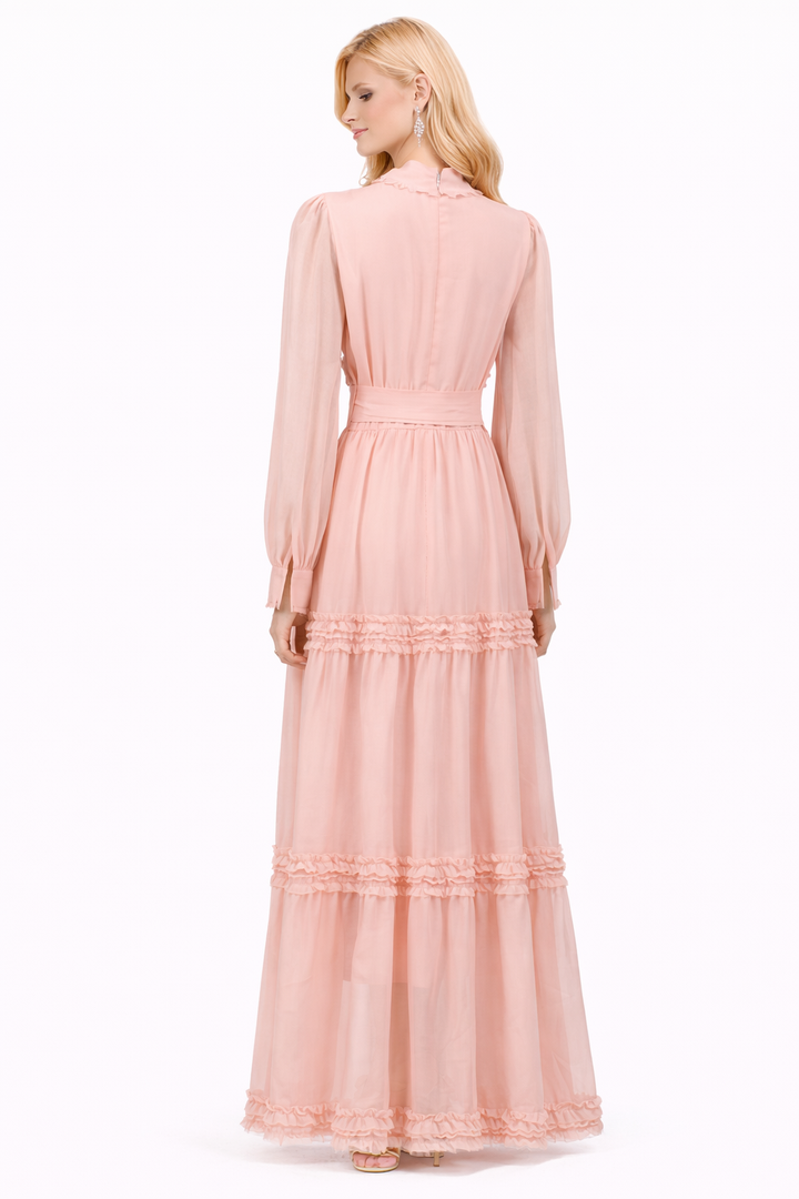 high-neck ruffled maxi dress with lace panel detailing – ROMAN