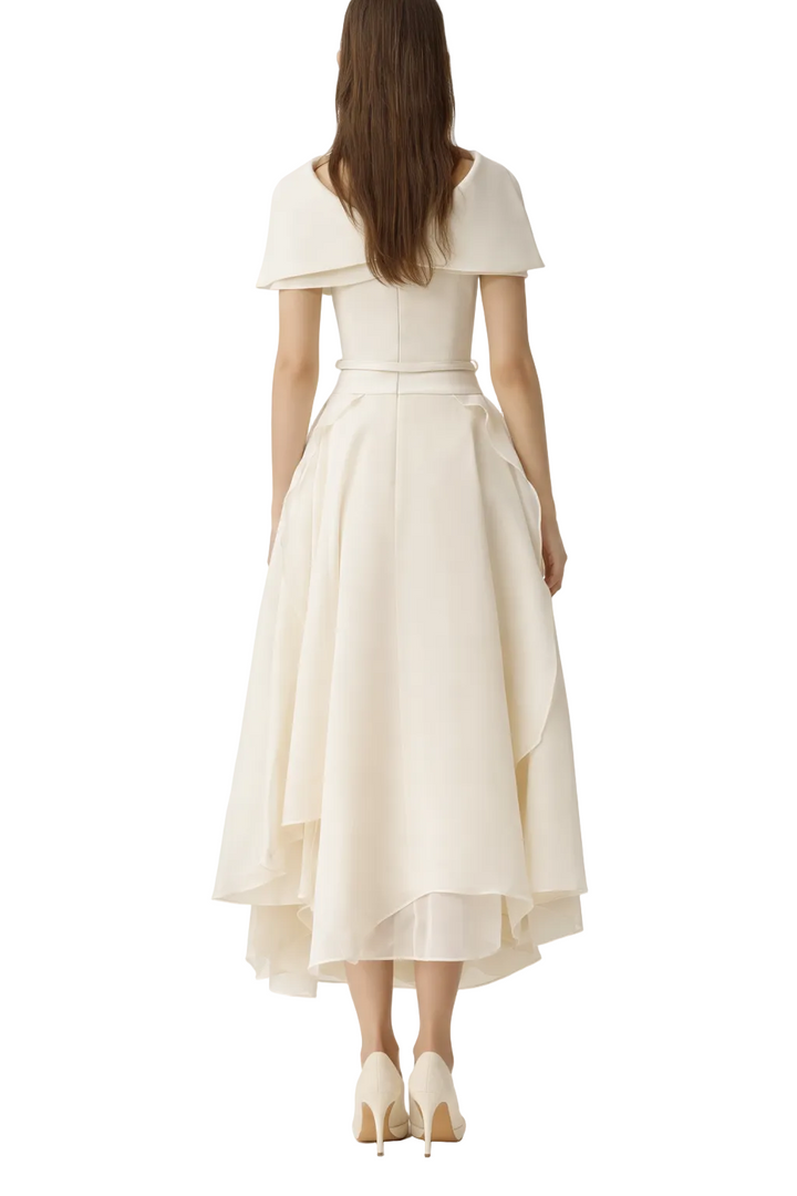 off-shoulder layered chiffon midi dress with belted waist – ELAN