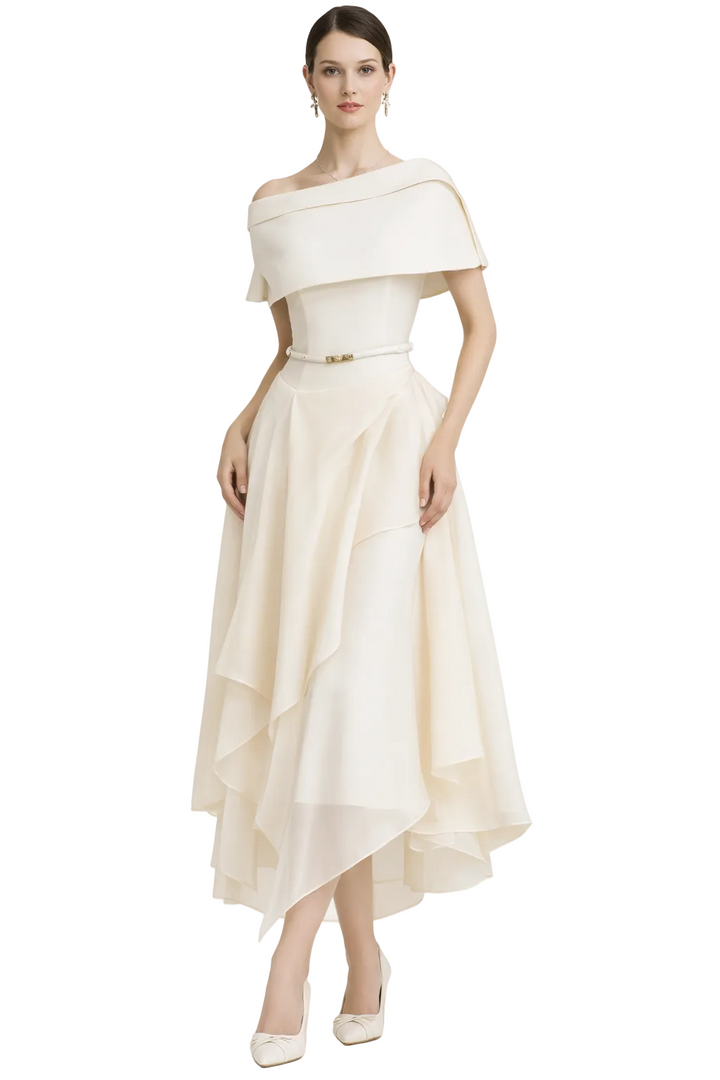 off-shoulder layered chiffon midi dress with belted waist – ELAN