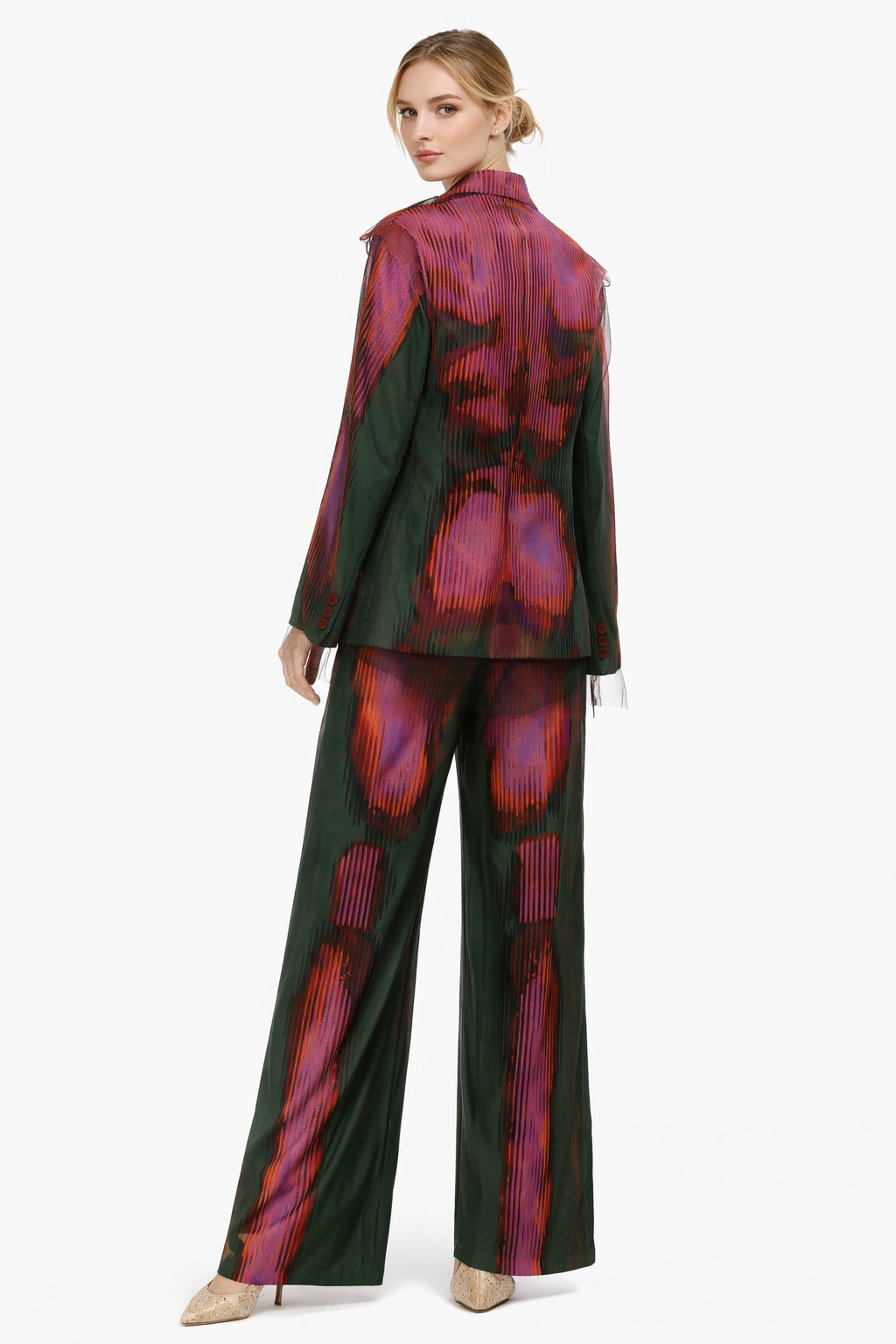 printed sheer blazer and wide-leg pants set – VIRENZA