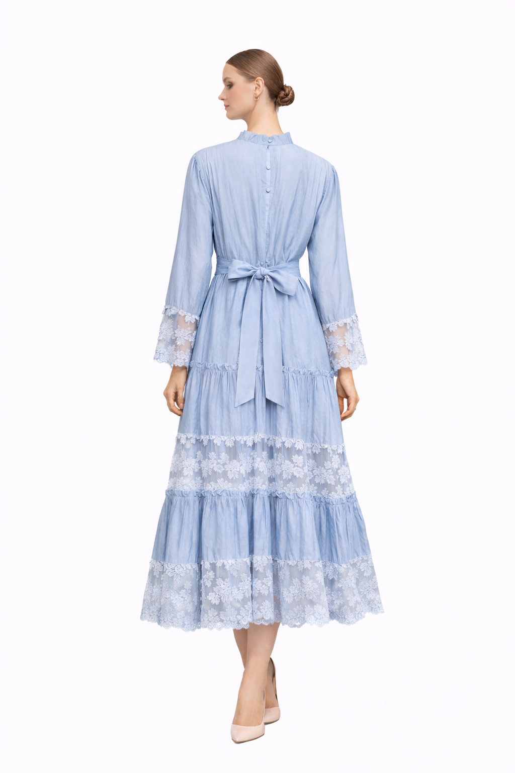 lace-trim tiered midi dress with tie waist – CELESTE