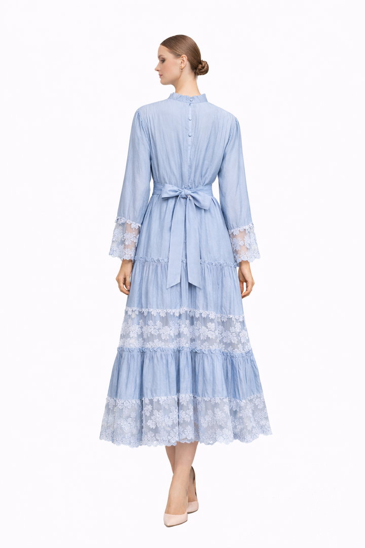 lace-trim tiered midi dress with tie waist – CELESTE