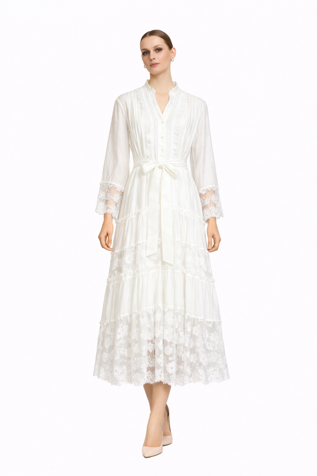 lace-trim tiered midi dress with tie waist – CELESTE