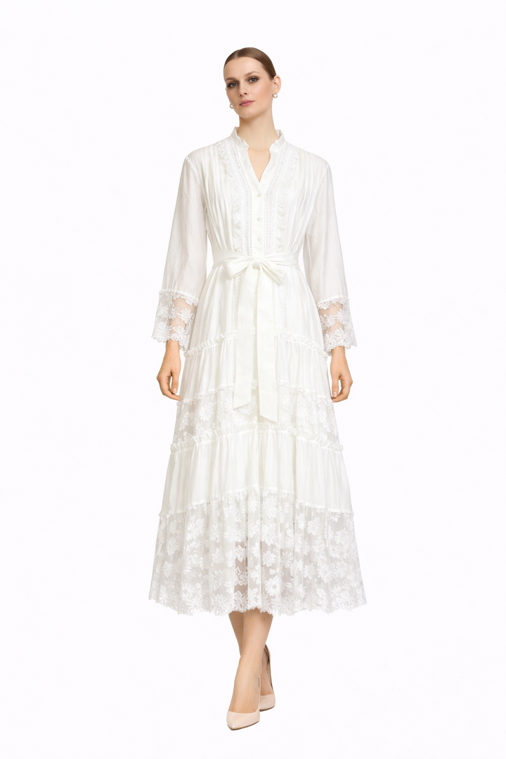 lace-trim tiered midi dress with tie waist – CELESTE