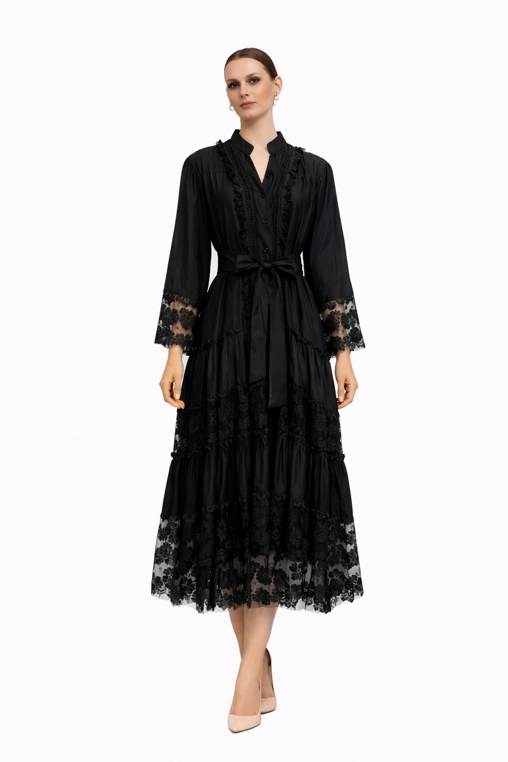 lace-trim tiered midi dress with tie waist – CELESTE