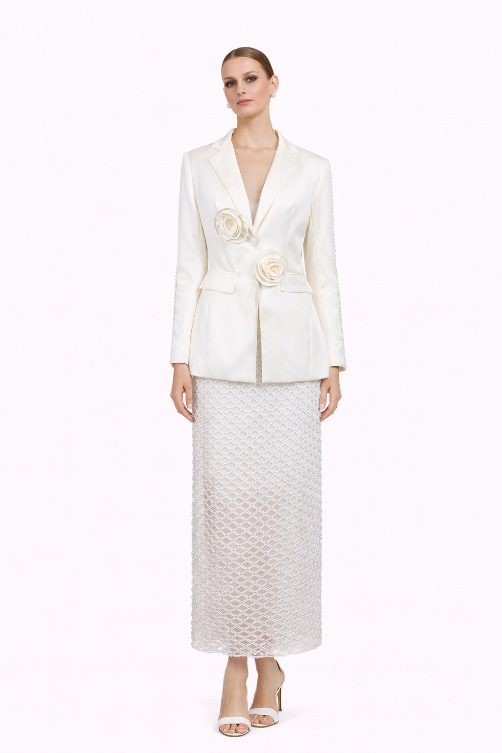 embellished tailored blazer with textured maxi skirt – PEARL