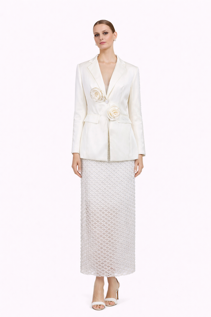 embellished tailored blazer with textured maxi skirt – PEARL