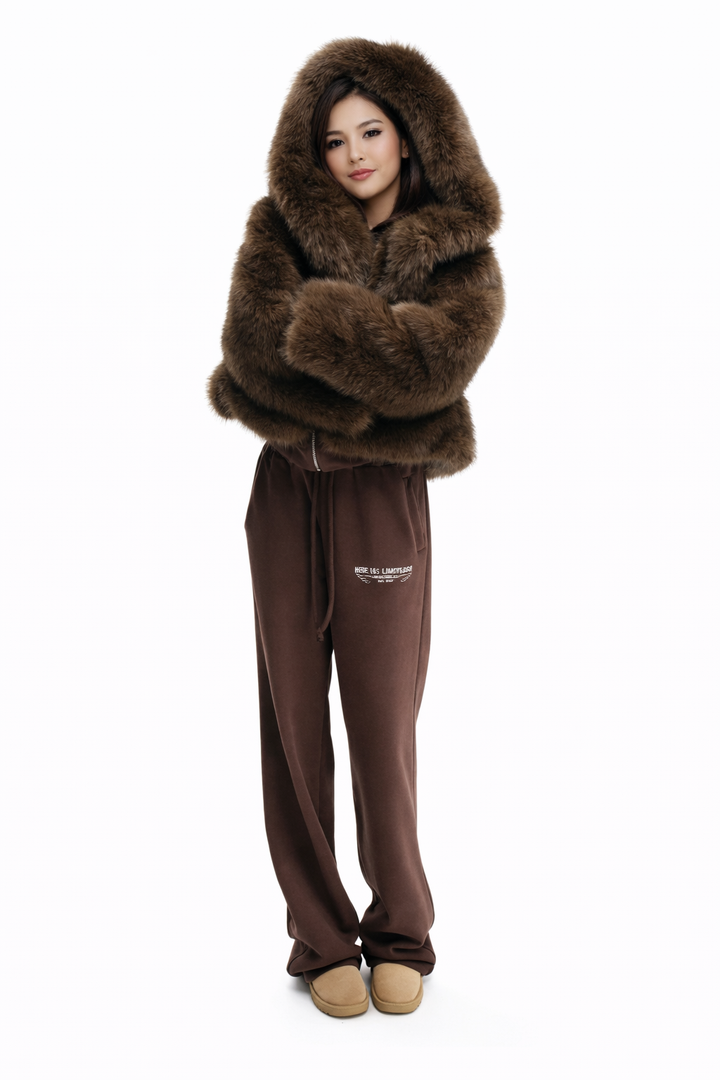 cropped faux fur hooded jacket – MARRONE