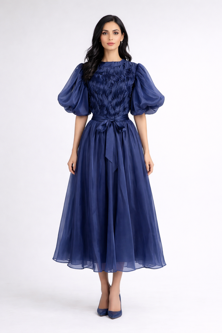 puff sleeve midi dress with textured bodice and belt – ROSELLA
