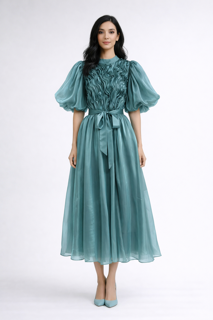 puff sleeve midi dress with textured bodice and belt – ROSELLA