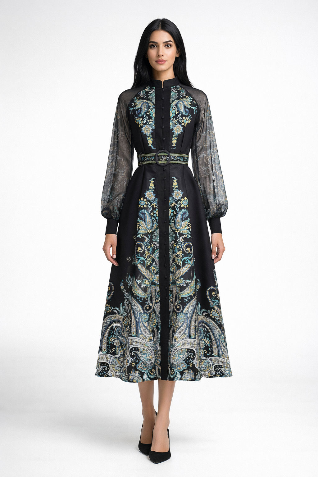 long sleeve paisley print dress with sheer sleeves and belted waist – NOIR