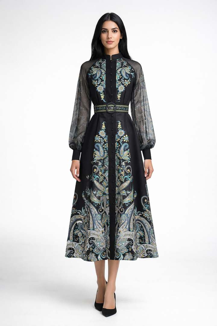 long sleeve paisley print dress with sheer sleeves and belted waist – NOIR