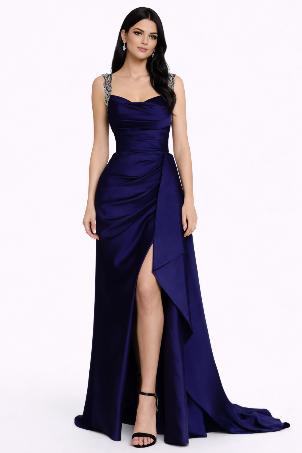 sleeveless sweetheart draped gown with embellished straps and side slit – ALLURE