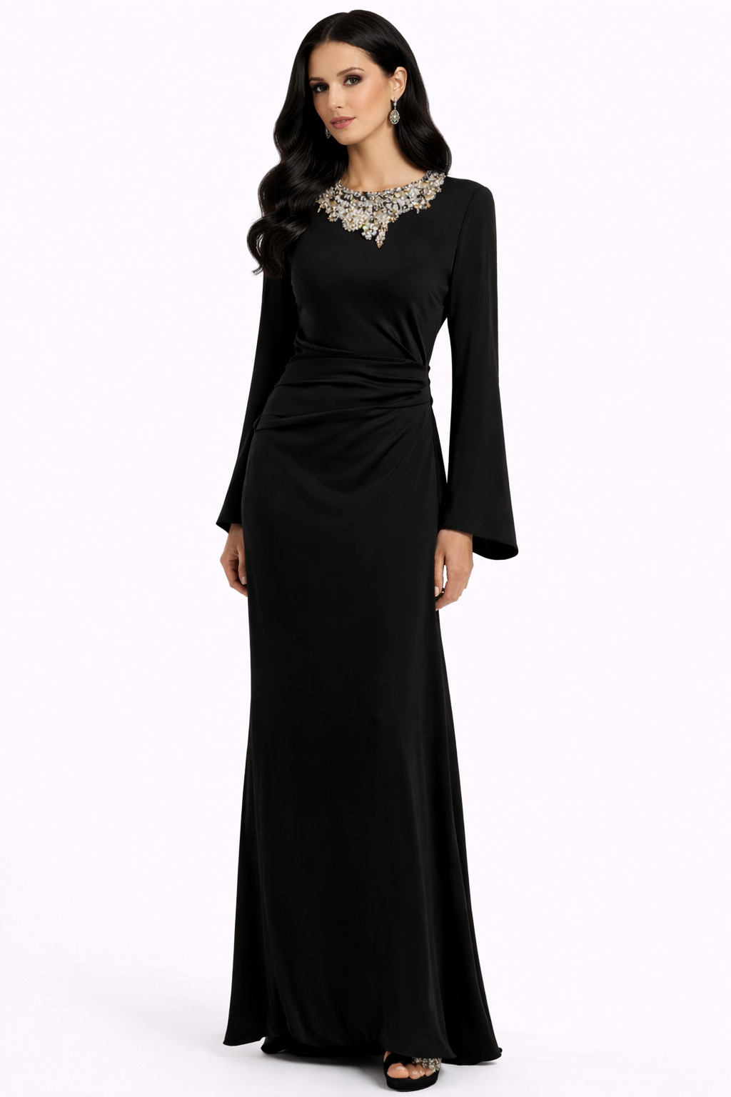 long sleeve column gown with embellished neckline and draped waist – JEWEL