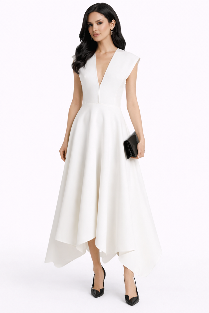 sleeveless deep v-neck midi dress with structured shoulders and asymmetric hem – EDGE