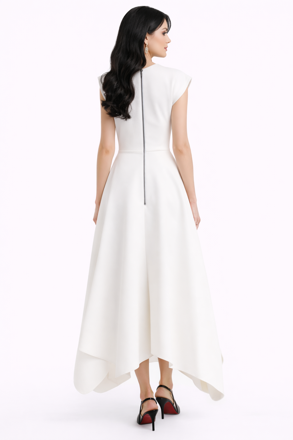 sleeveless deep v-neck midi dress with structured shoulders and asymmetric hem – EDGE