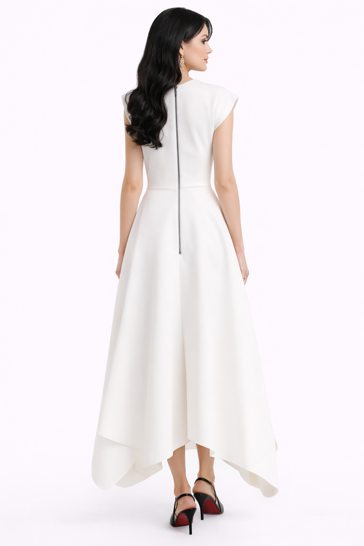 sleeveless deep v-neck midi dress with structured shoulders and asymmetric hem – EDGE
