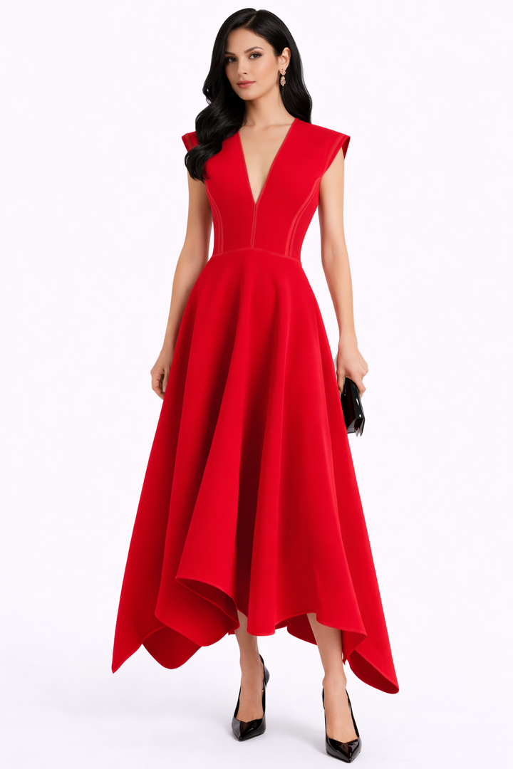 sleeveless deep v-neck midi dress with structured shoulders and asymmetric hem – EDGE