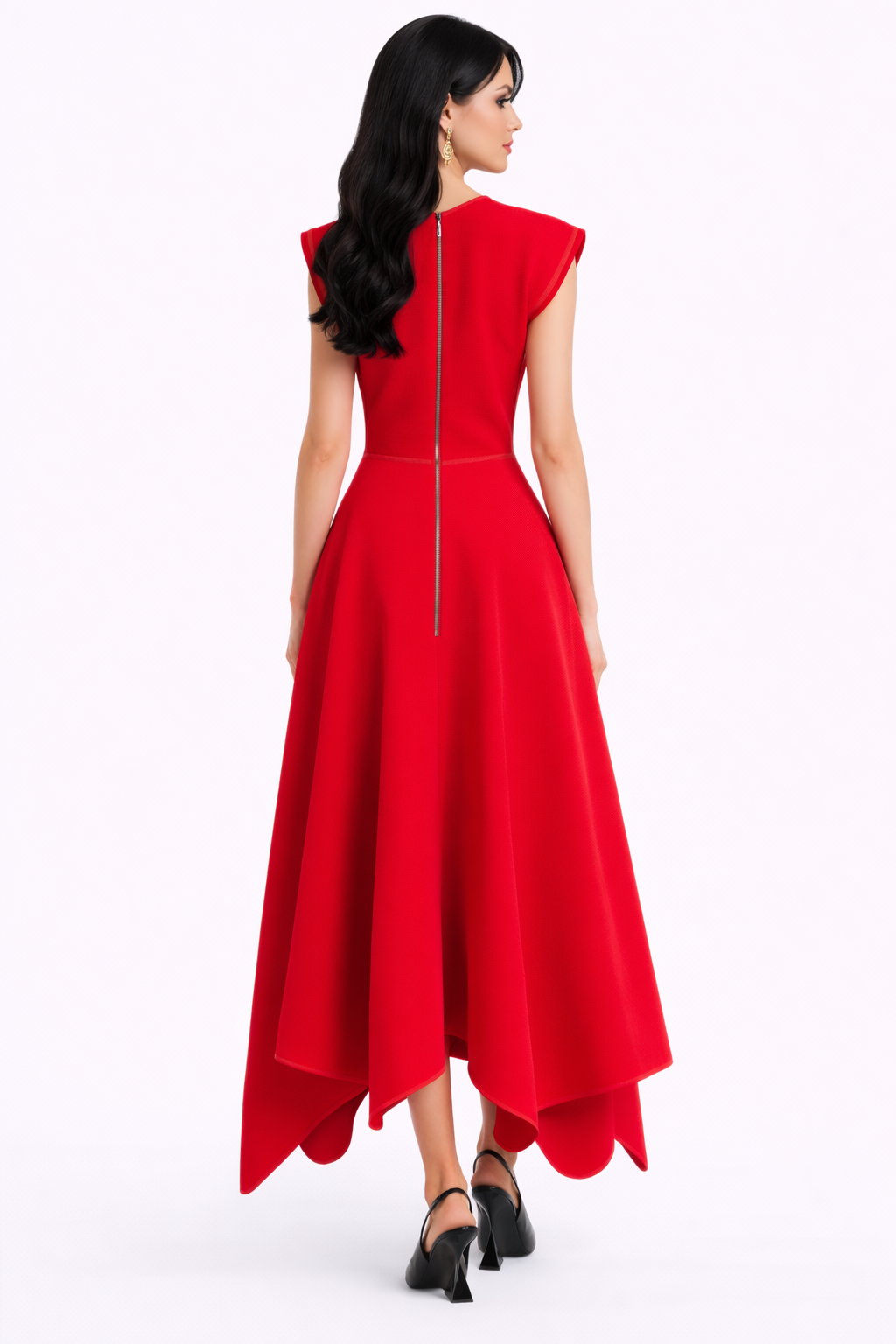 sleeveless deep v-neck midi dress with structured shoulders and asymmetric hem – EDGE