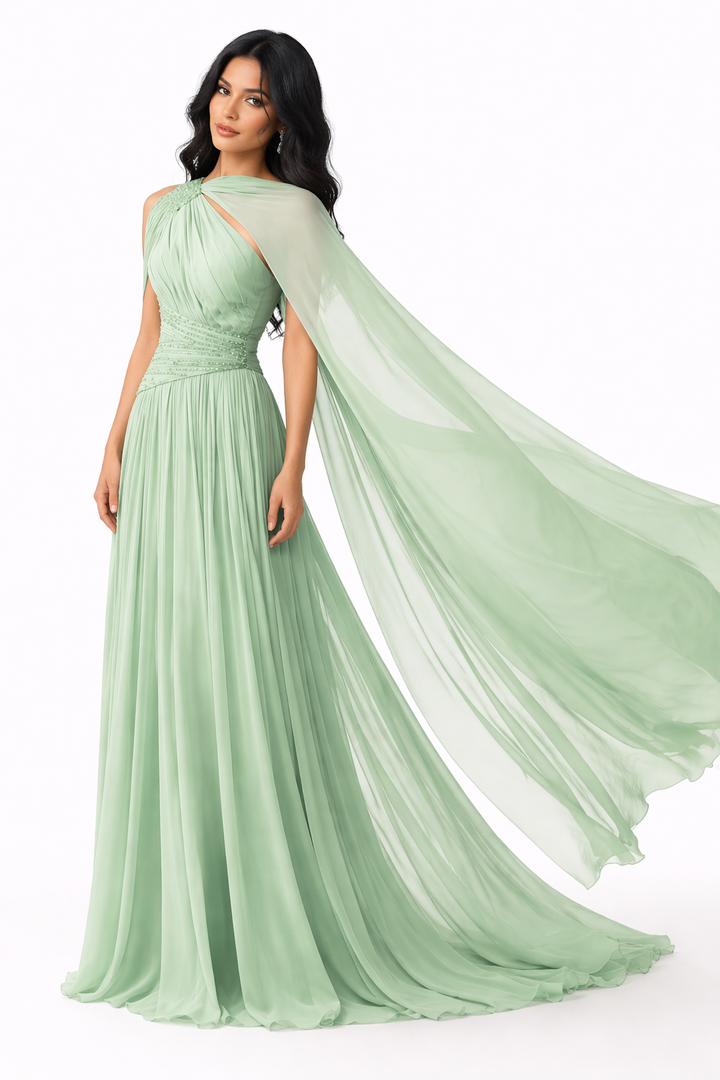 one-shoulder pleated gown with flowing chiffon cape – MINTARA