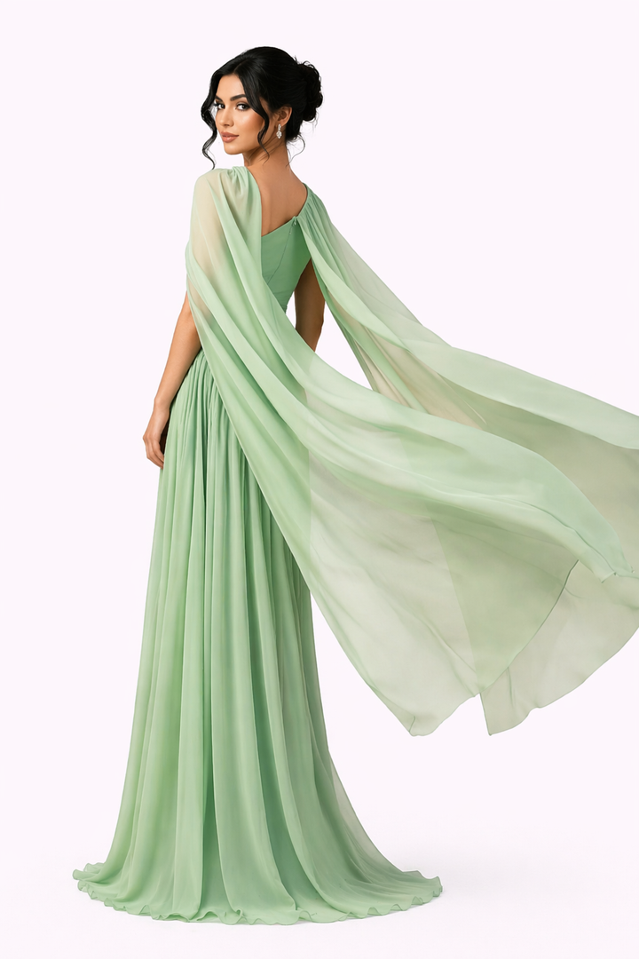 one-shoulder pleated gown with flowing chiffon cape – MINTARA